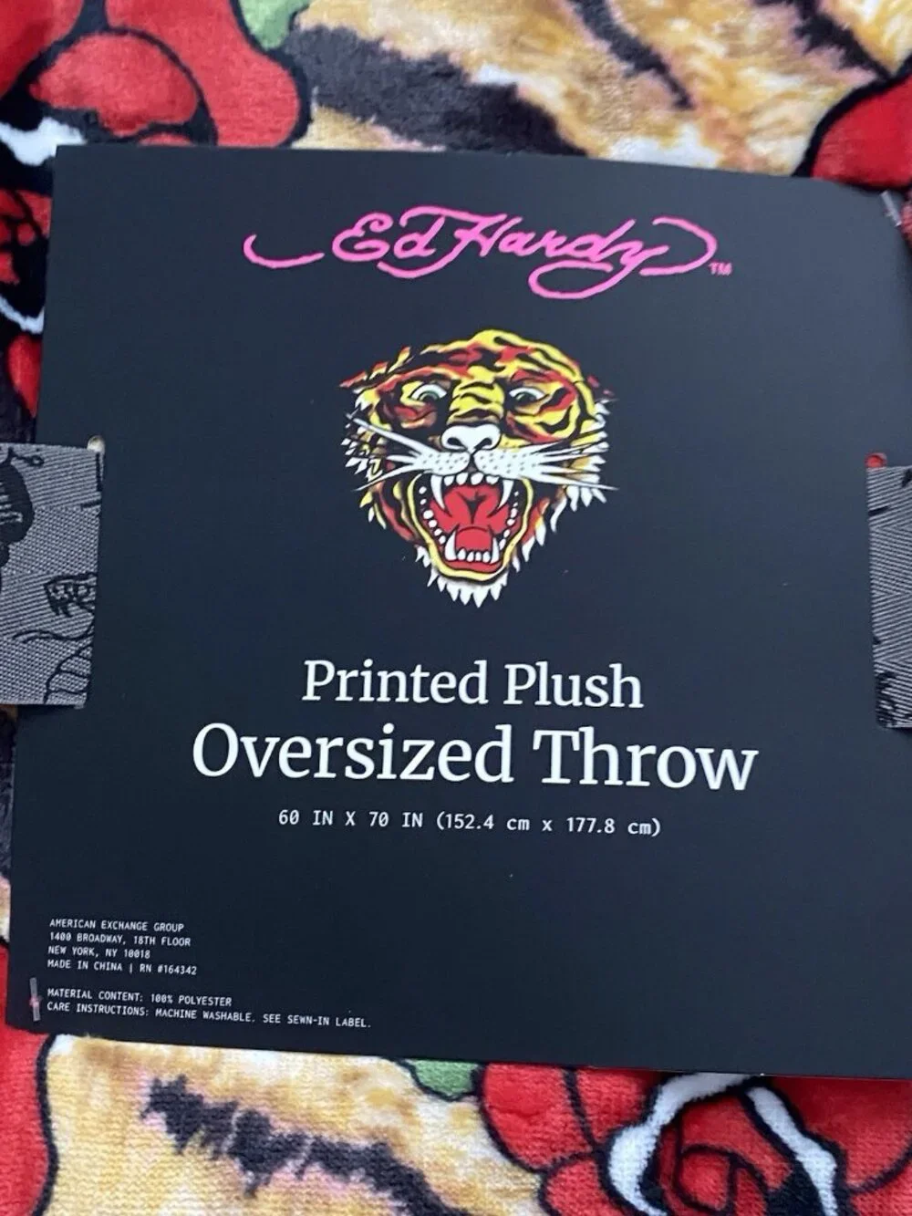 Ed Hardy Oversized Plush Throw Blanket Tiger Stripes Print W/Red Roses Logo NEW
